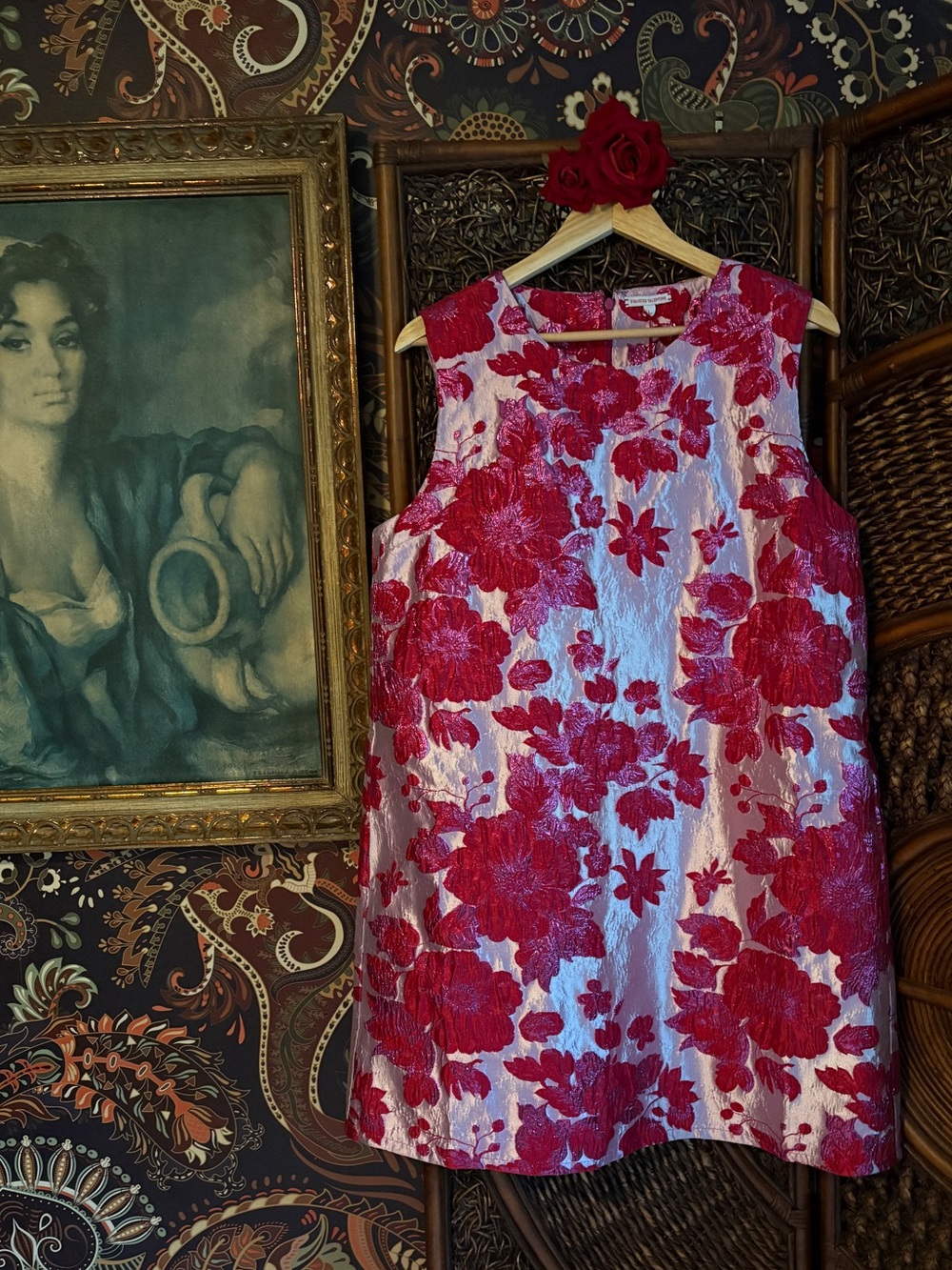 NWT Frances Valentine Pink Red Floral Jacquard Shift Dress L